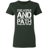 Bible Verse Ladies' 5.3 oz. T-Shirt - "Psalm 119:105" Design 7 (White Font) - Meditate Healing Christian Store