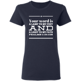 Bible Verse Ladies' 5.3 oz. T-Shirt - "Psalm 119:105" Design 10 (White Font) - Meditate Healing Christian Store