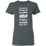 Bible Verse Ladies' 5.3 oz. T-Shirt - "Psalm 119:105" Design 6 (White Font) - Meditate Healing Christian Store