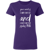 Bible Verse Ladies' 5.3 oz. T-Shirt - "Psalm 119:105" Design 9 (White Font) - Meditate Healing Christian Store