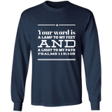 Bible Verse Long Shirt Ultra Cotton T-Shirt - "Psalm 119:105" Design 10 (White Font) - Meditate Healing Christian Store