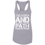 Bible Verse Ladies Ideal Racerback Tank - "Psalm 119:105" Design 7 (White Font) - Meditate Healing Christian Store
