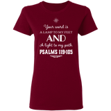 Bible Verse Ladies' 5.3 oz. T-Shirt - "Psalm 119:105" Design 5 (White Font) - Meditate Healing Christian Store