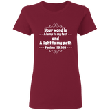 Bible Verse Ladies' 5.3 oz. T-Shirt - "Psalm 119:105" Design 1 (White Font) - Meditate Healing Christian Store