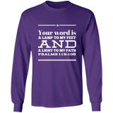 Bible Verse Long Shirt Ultra Cotton T-Shirt - "Psalm 119:105" Design 10 (White Font) - Meditate Healing Christian Store