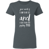 Bible Verse Ladies' 5.3 oz. T-Shirt - "Psalm 119:105" Design 9 (White Font) - Meditate Healing Christian Store