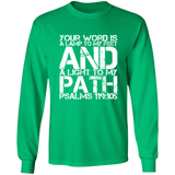 Bible Verse Long Shirt Ultra Cotton T-Shirt - "Psalm 119:105" Design 7 (White Font) - Meditate Healing Christian Store