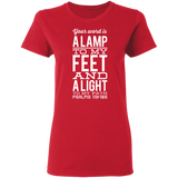 Bible Verse Ladies' 5.3 oz. T-Shirt - "Psalm 119:105" Design 4 (White Font) - Meditate Healing Christian Store