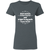 Bible Verse Ladies' 5.3 oz. T-Shirt - "Psalm 119:105" Design 1 (White Font) - Meditate Healing Christian Store