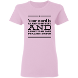 Bible Verse Ladies' 5.3 oz. T-Shirt - "Psalm 119:105" Design 10 (Black Font) - Meditate Healing Christian Store
