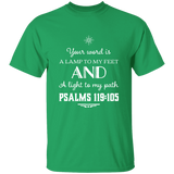 Bible Verse Men 5.3 oz. T-Shirt - "Psalm 119:105" Design 5 (White Font) - Meditate Healing Christian Store