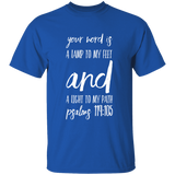 Bible Verse Men 5.3 oz. T-Shirt - "Psalm 119:105" Design 9 (White Font) - Meditate Healing Christian Store