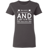 Bible Verse Ladies' 5.3 oz. T-Shirt - "Psalm 119:105" Design 14 (White Font) - Meditate Healing Christian Store
