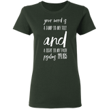 Bible Verse Ladies' 5.3 oz. T-Shirt - "Psalm 119:105" Design 9 (White Font) - Meditate Healing Christian Store