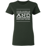 Bible Verse Ladies' 5.3 oz. T-Shirt - "Psalm 119:105" Design 11 (White Font) - Meditate Healing Christian Store