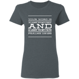 Bible Verse Ladies' 5.3 oz. T-Shirt - "Psalm 119:105" Design 11 (White Font) - Meditate Healing Christian Store
