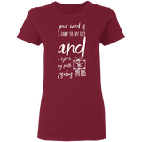Bible Verse Ladies' 5.3 oz. T-Shirt - "Psalm 119:105" Design 18 (White Font) - Meditate Healing Christian Store