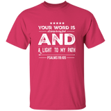 Bible Verse Men 5.3 oz. T-Shirt - "Psalm 119:105" Design 16 (White Font) - Meditate Healing Christian Store