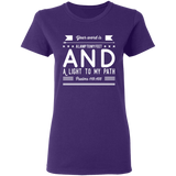 Bible Verse Ladies' 5.3 oz. T-Shirt - "Psalm 119:105" Design 14 (White Font) - Meditate Healing Christian Store