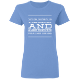 Bible Verse Ladies' 5.3 oz. T-Shirt - "Psalm 119:105" Design 11 (White Font) - Meditate Healing Christian Store