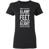 Bible Verse Ladies' 5.3 oz. T-Shirt - "Psalm 119:105" Design 4 (White Font) - Meditate Healing Christian Store