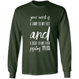 Bible Verse Long Shirt Ultra Cotton T-Shirt - "Psalm 119:105" Design 9 (White Font) - Meditate Healing Christian Store