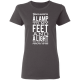Bible Verse Ladies' 5.3 oz. T-Shirt - "Psalm 119:105" Design 4 (White Font) - Meditate Healing Christian Store
