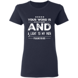 Bible Verse Ladies' 5.3 oz. T-Shirt - "Psalm 119:105" Design 16 (White Font) - Meditate Healing Christian Store