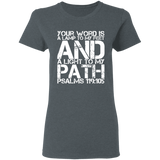 Bible Verse Ladies' 5.3 oz. T-Shirt - "Psalm 119:105" Design 7 (White Font) - Meditate Healing Christian Store