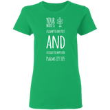 Bible Verse Ladies' 5.3 oz. T-Shirt - "Psalm 119:105" Design 19 (White Font) - Meditate Healing Christian Store