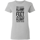 Bible Verse Ladies' 5.3 oz. T-Shirt - "Psalm 119:105" Design 4 (Black Font) - Meditate Healing Christian Store