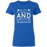 Bible Verse Ladies' 5.3 oz. T-Shirt - "Psalm 119:105" Design 14 (White Font) - Meditate Healing Christian Store