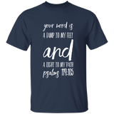 Bible Verse Men 5.3 oz. T-Shirt - "Psalm 119:105" Design 9 (White Font) - Meditate Healing Christian Store