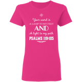 Bible Verse Ladies' 5.3 oz. T-Shirt - "Psalm 119:105" Design 5 (White Font) - Meditate Healing Christian Store