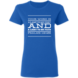Bible Verse Ladies' 5.3 oz. T-Shirt - "Psalm 119:105" Design 11 (White Font) - Meditate Healing Christian Store