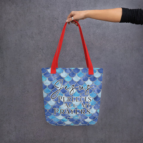 Limited Edition Premium Tote Bag - Jesus Perfects All My Prayers (Design: Mermaid Scales Blue)