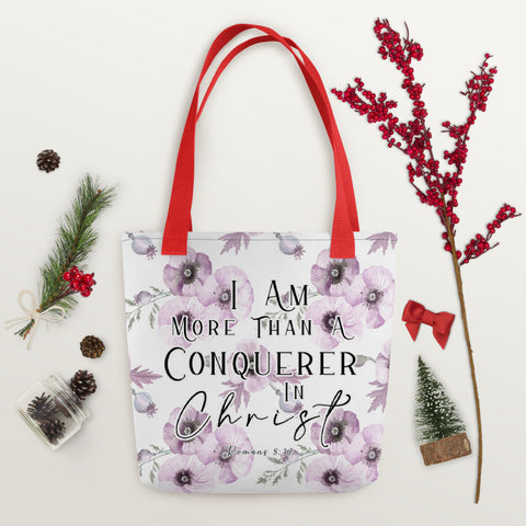 Limited Edition Premium Tote Bag - I Am More Than A Conquerer In Christ (Design: Purple Floral)