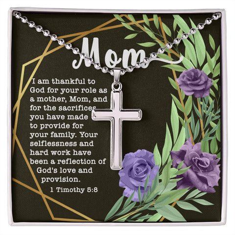 Artisan Crafted Stainless Steel Cross Necklace (Ball Chain) ~1 Timothy 5:8~