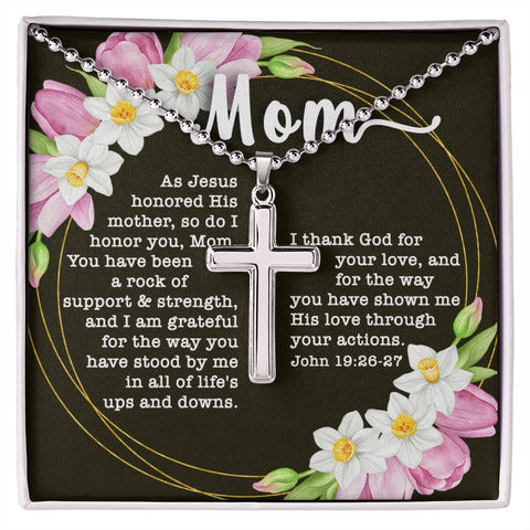 Artisan Crafted Stainless Steel Cross Necklace (Ball Chain) ~John 19:26-27~