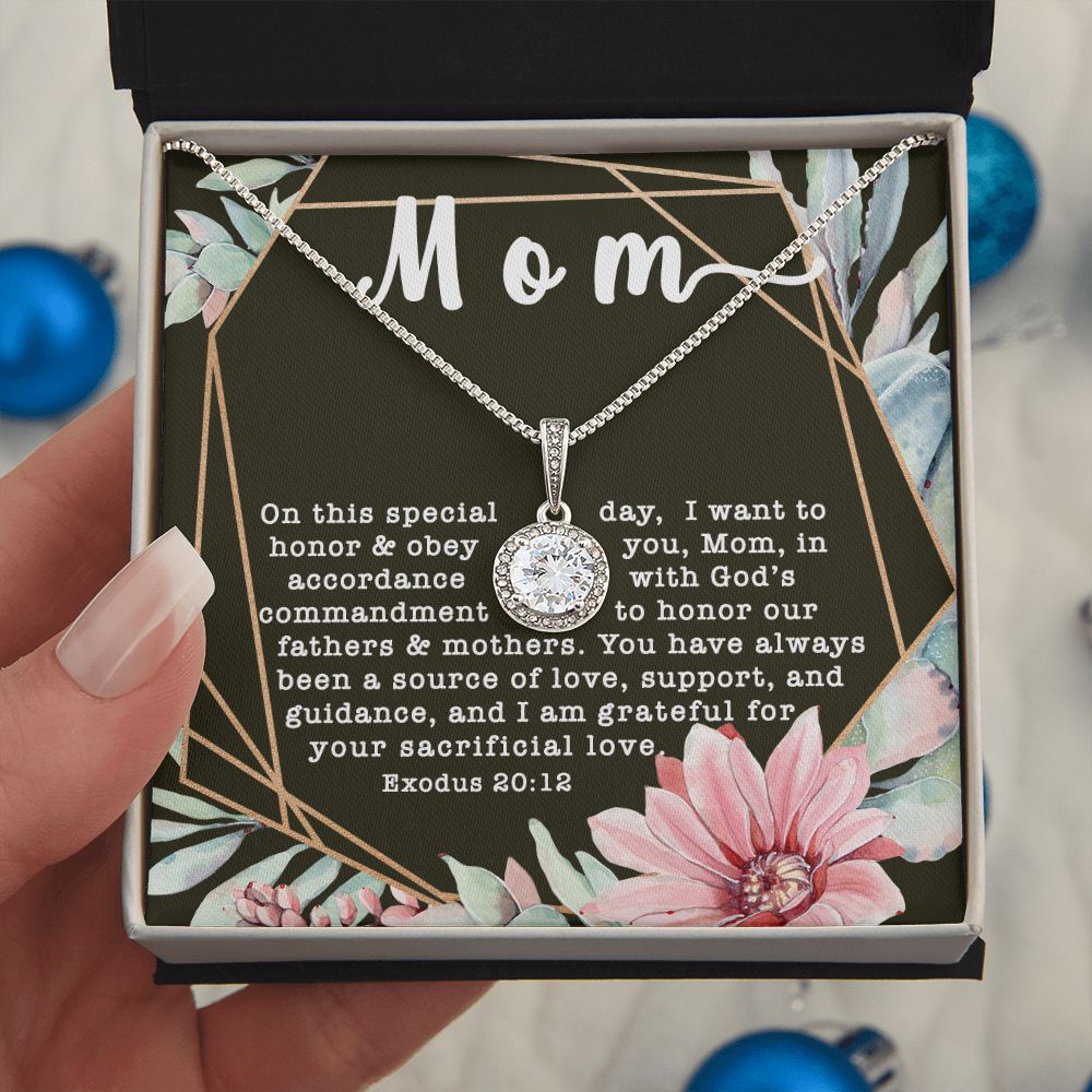 Eternal Hope CZ Crystal 14K White Gold Finish Necklace ~Exodus 20:12~