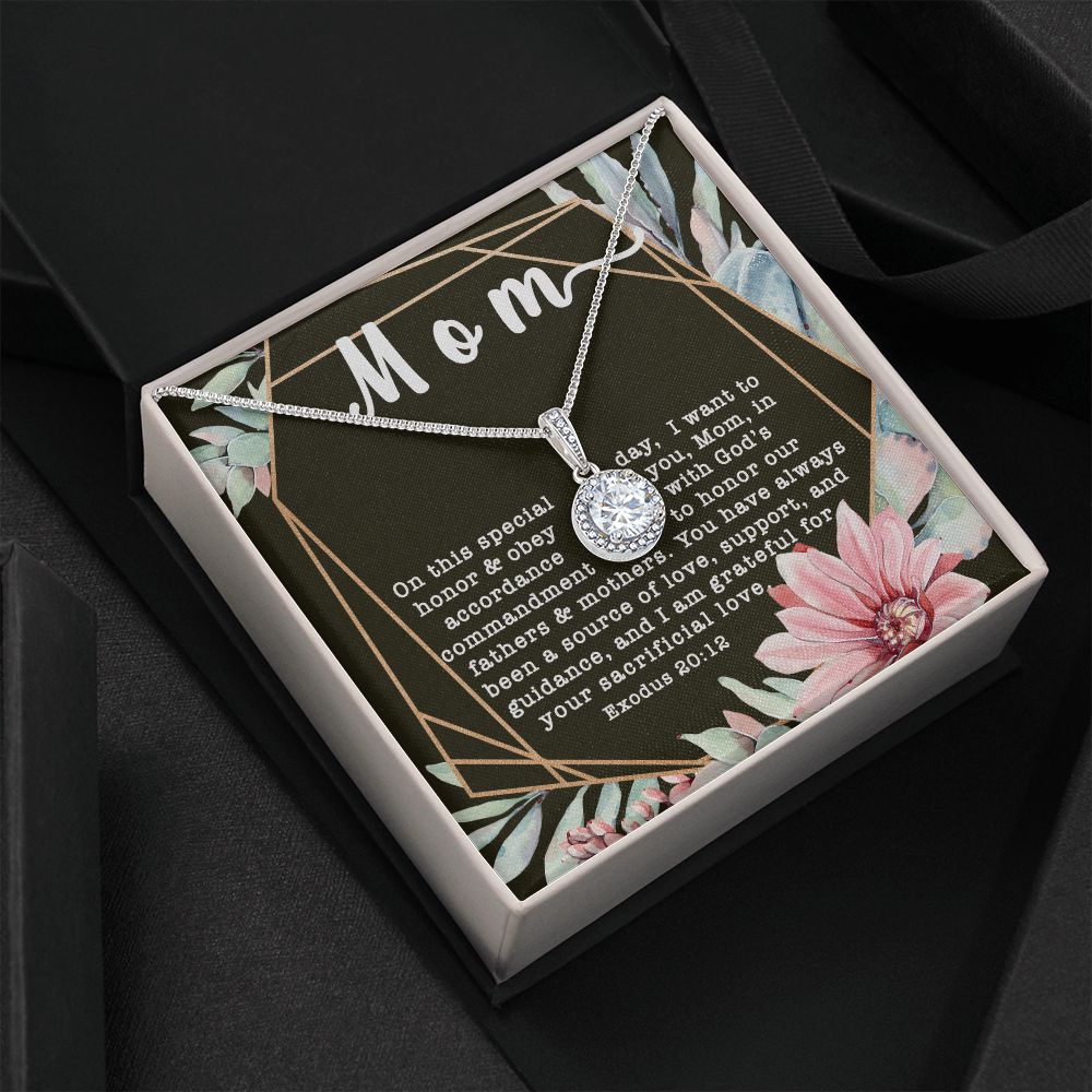 Eternal Hope CZ Crystal 14K White Gold Finish Necklace ~Exodus 20:12~