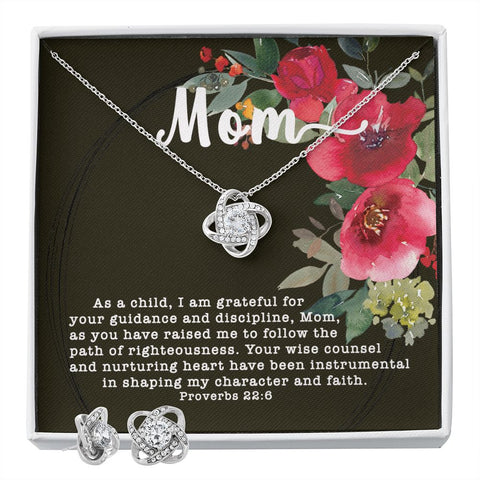 Love Knot CZ Crystal 14K White Gold Finish Necklace & Earring ~Proverbs 22:6~