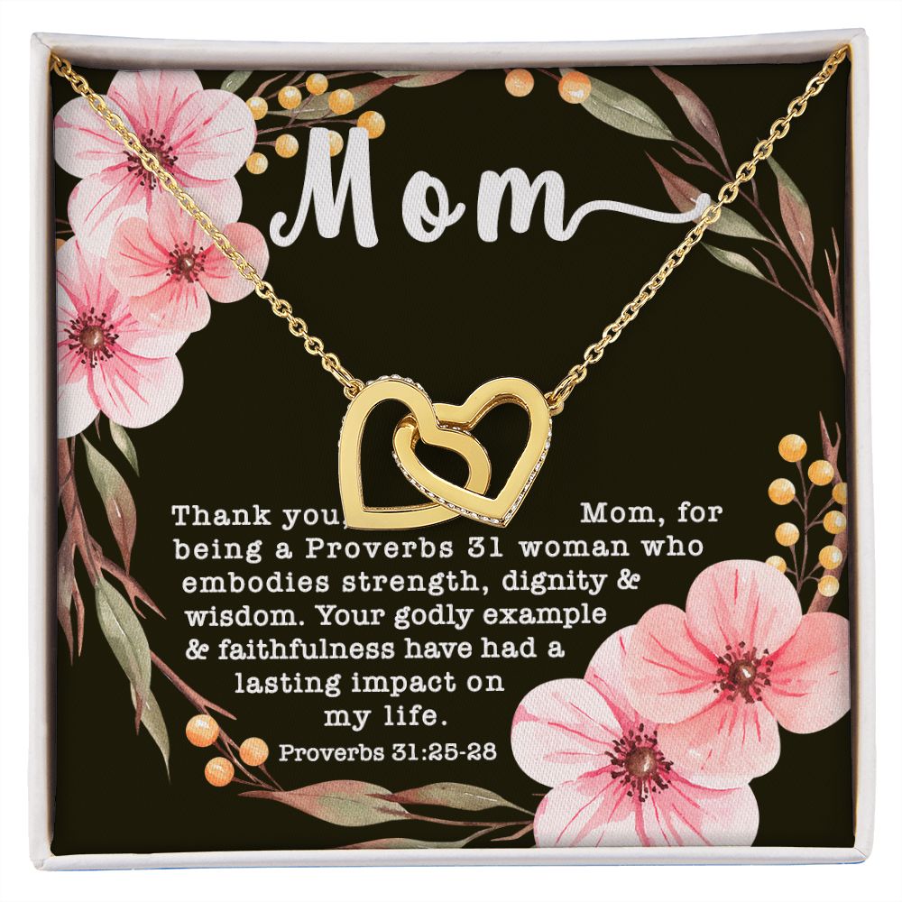 Interlocking Hearts CZ Crystal Rose/18K Gold Finish Necklace ~Proverbs 31:25-28~