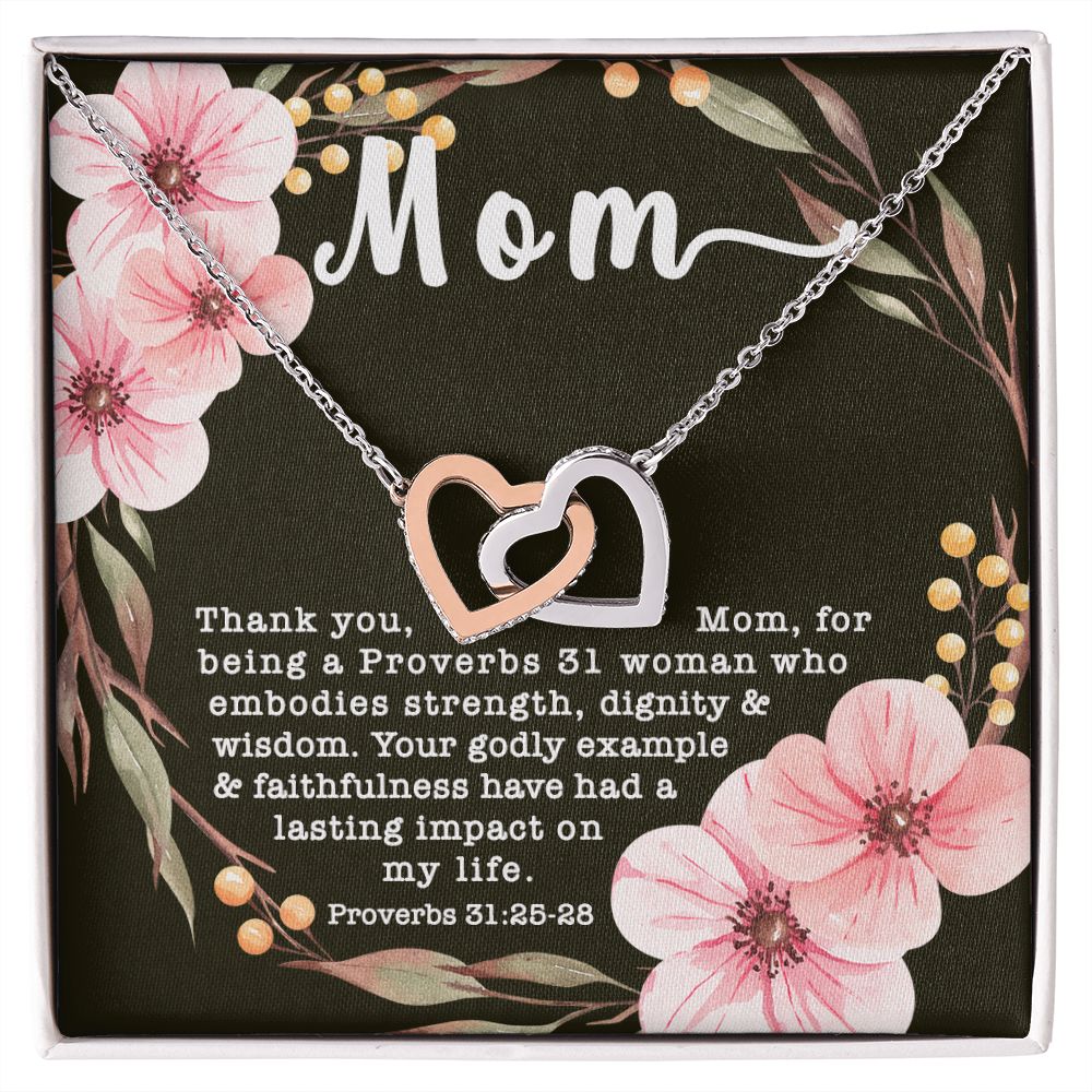 Interlocking Hearts CZ Crystal Rose/18K Gold Finish Necklace ~Proverbs 31:25-28~