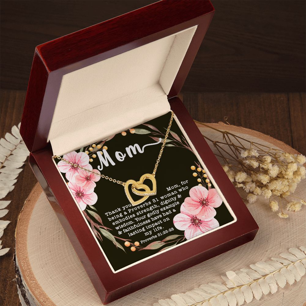 Interlocking Hearts CZ Crystal Rose/18K Gold Finish Necklace ~Proverbs 31:25-28~