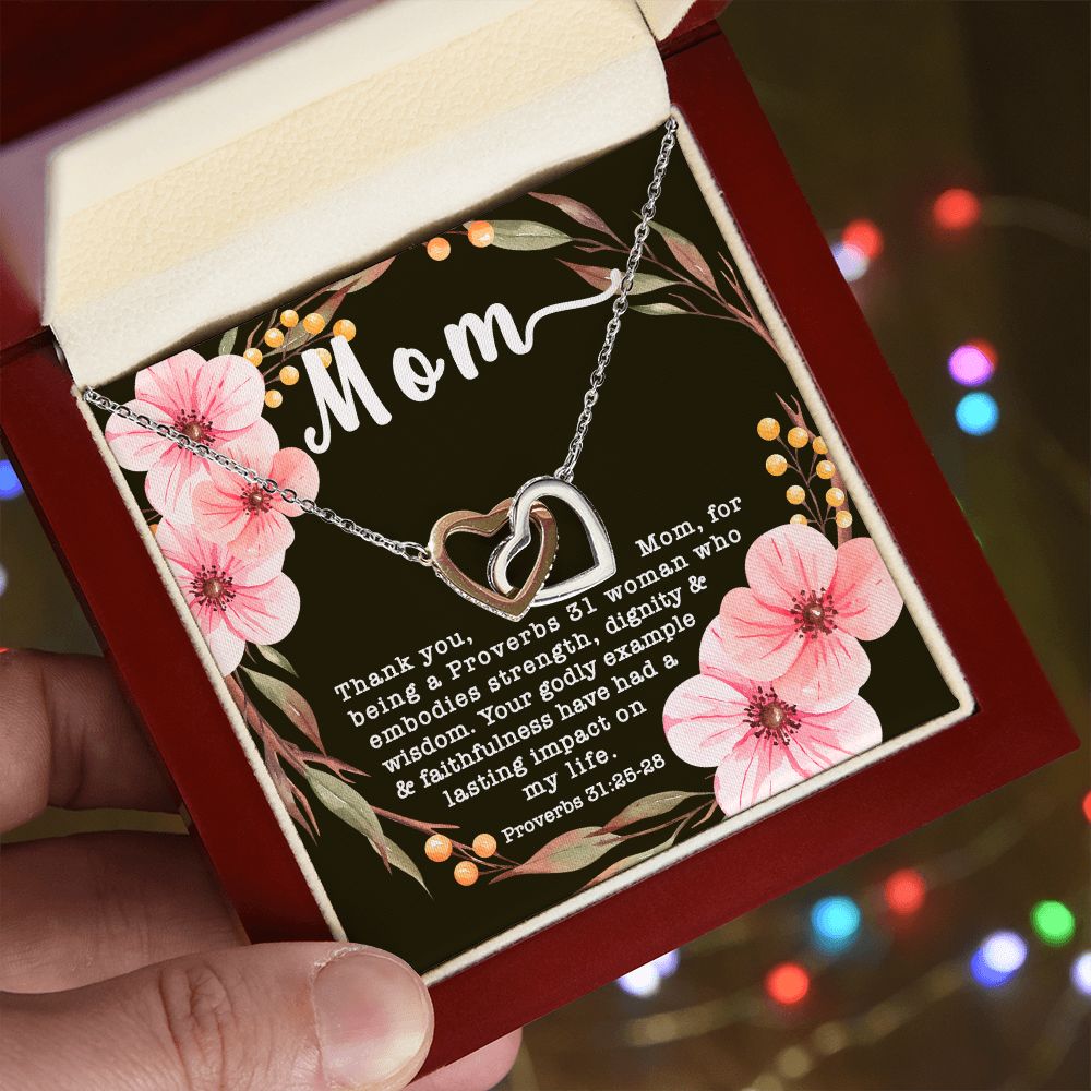Interlocking Hearts CZ Crystal Rose/18K Gold Finish Necklace ~Proverbs 31:25-28~