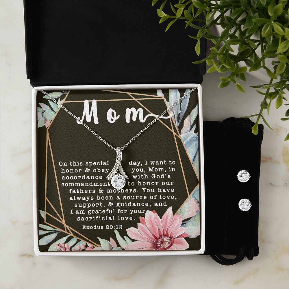 Alluring Beauty CZ Crystal 14K White Gold Finish Necklace & Earring ~Exodus 20:12~