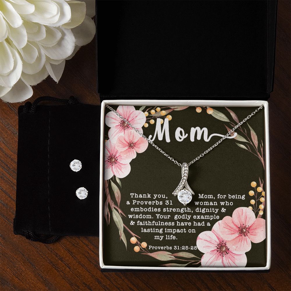 Alluring Beauty CZ Crystal 14K White Gold Finish Necklace & Earring ~Proverbs 31:25-28~