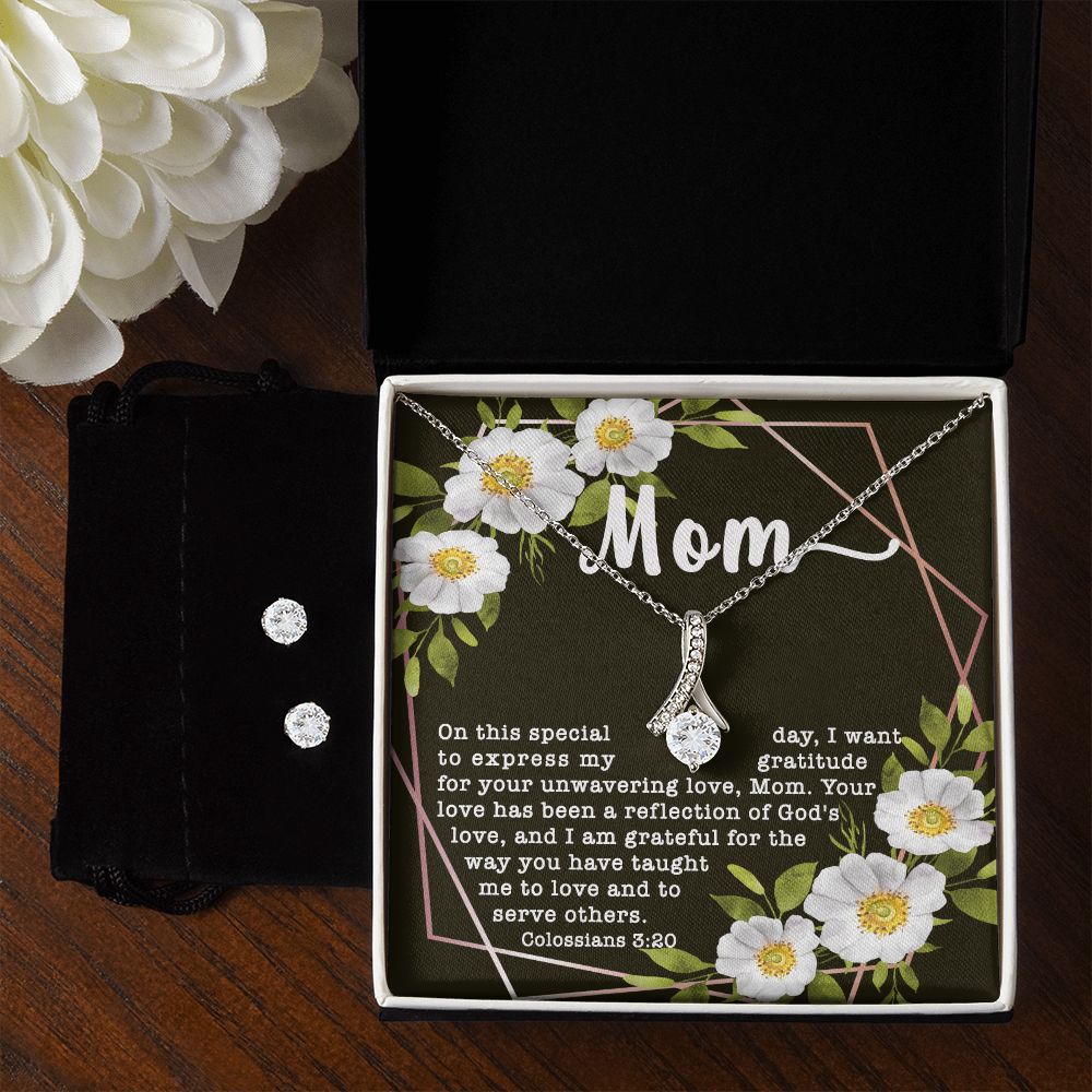 Alluring Beauty CZ Crystal 14K White Gold Finish Necklace & Earring ~Colossians 3:20~