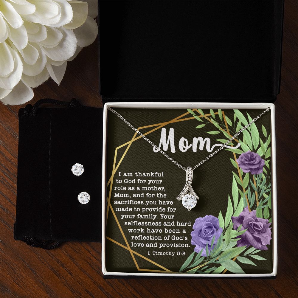 Alluring Beauty CZ Crystal 14K White Gold Finish Necklace & Earring ~1 Timothy 5:8~